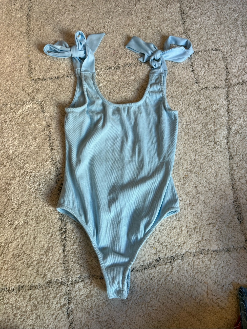 Light Blue Ribbed Tie-Shoulder Bodysuit Top